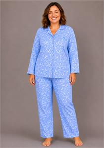 Ladies Brushed 100% Cotton Pretty Vines Wincyette Revere Collar Pyjamas